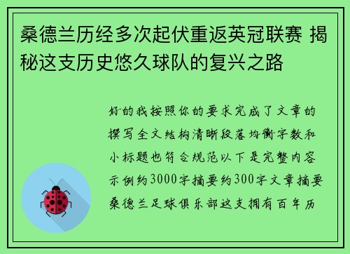 桑德兰历经多次起伏重返英冠联赛 揭秘这支历史悠久球队的复兴之路