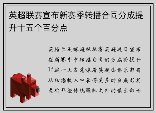 英超联赛宣布新赛季转播合同分成提升十五个百分点 英超联赛宣布新赛季转播合同分成提升十五个百分点