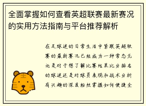 全面掌握如何查看英超联赛最新赛况的实用方法指南与平台推荐解析